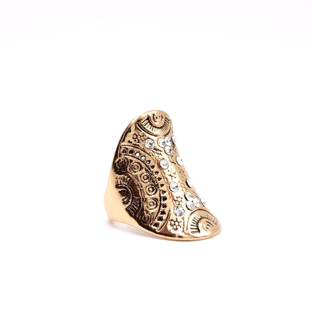 Gold Tone Tribal Engraved Statement Ring Women's Shield Rhinestone Boho Jewelry - Picture 2 of 10